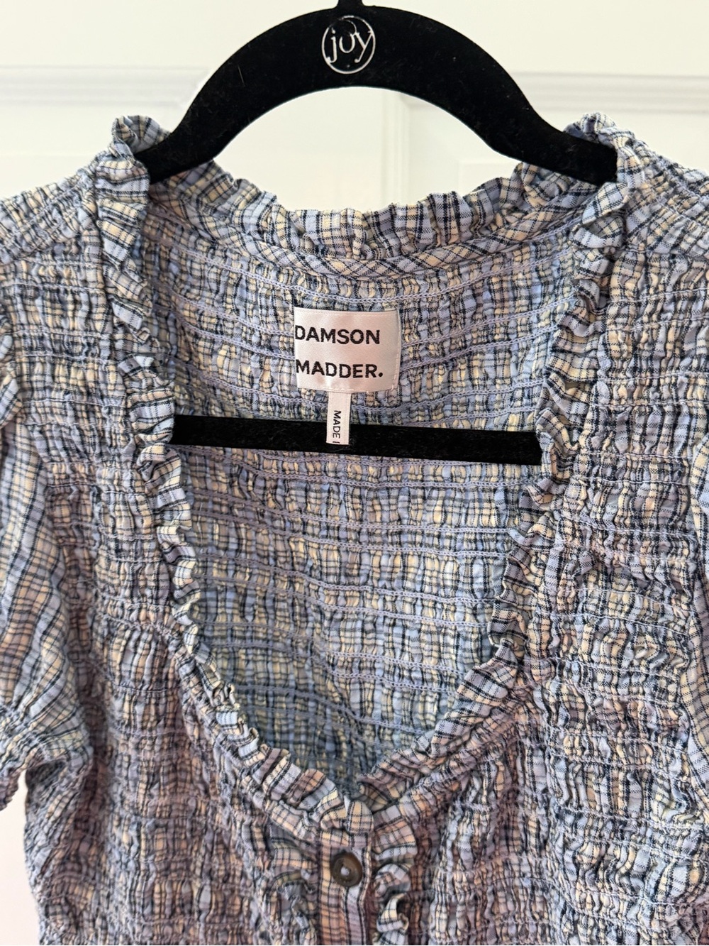 Damson Madder Blue Plaid Smocked Button-Front Blouse - Picture 2 of 4